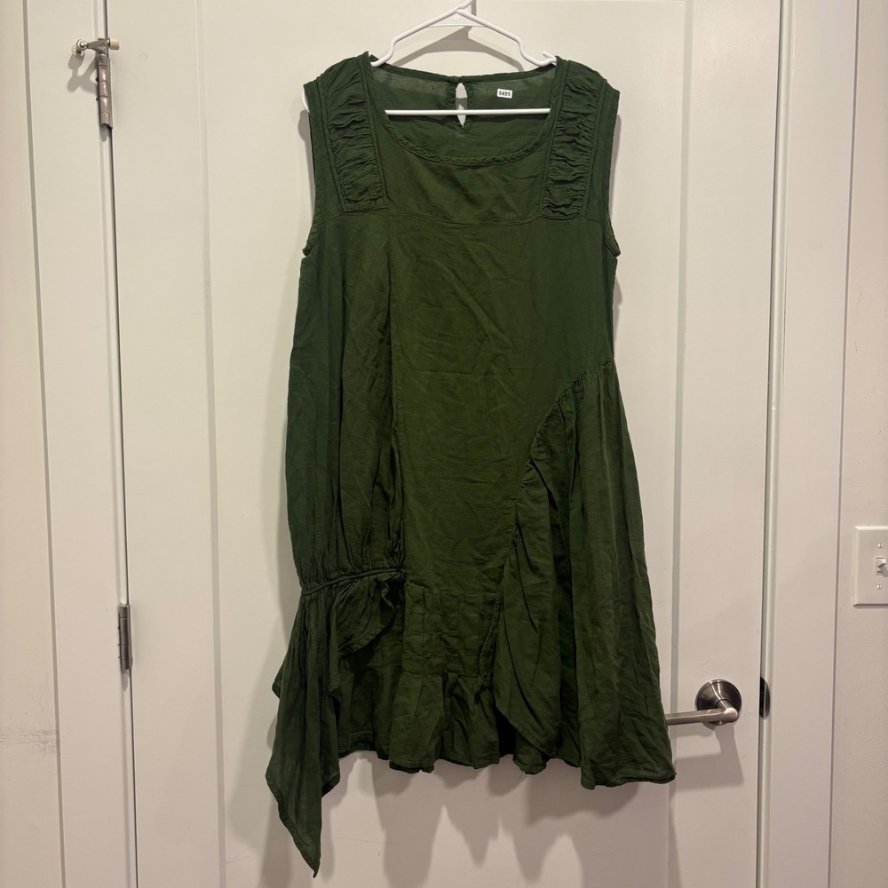 Cocoticoco Green Silk Blend Sleeveless Ruffle Asymmetric Tunic Dress Boho